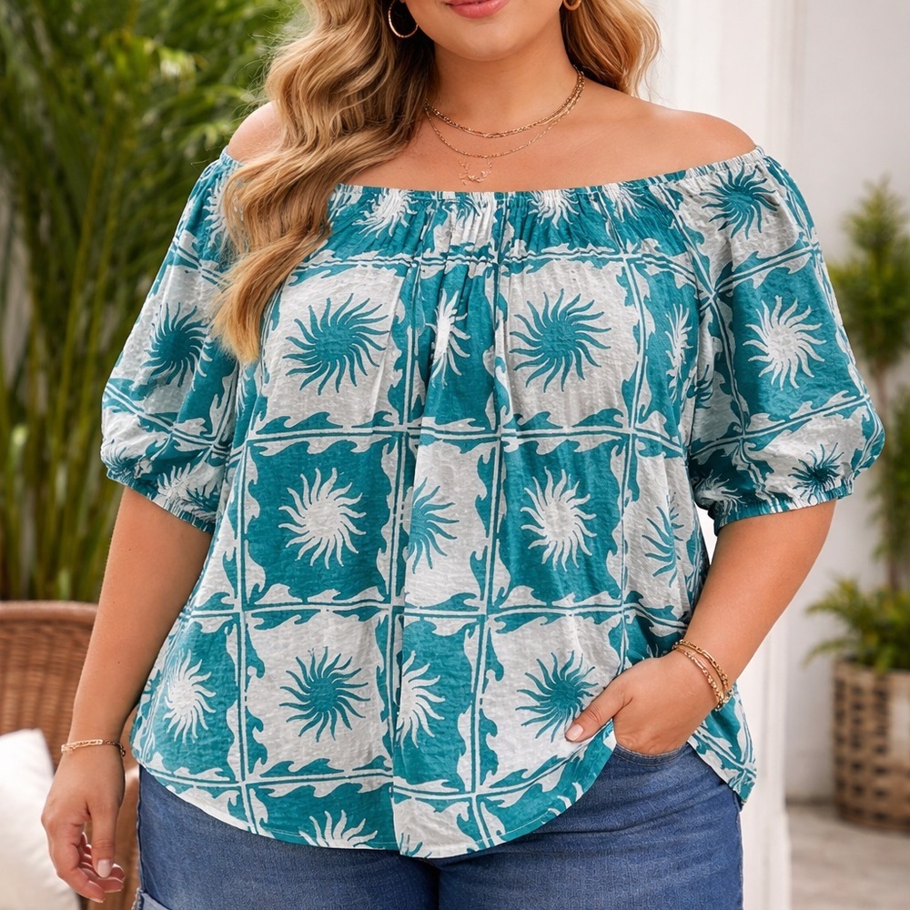 Sonoma Teal and White Off-Shoulder Sun-Print Tunic